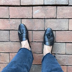 Sam Edelman Tassel Slides Mules Black Leather